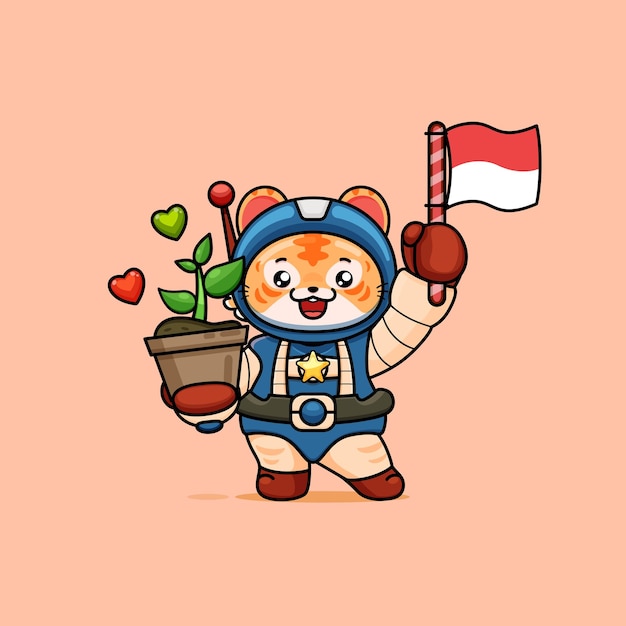 Illustratie van schattige tijger met kleine potplant en vlag van indonesië