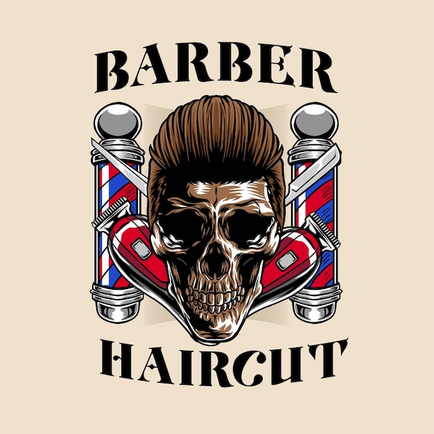 Illustratie van schedel met haar Barbers Pole Clipper schaar en scheermes