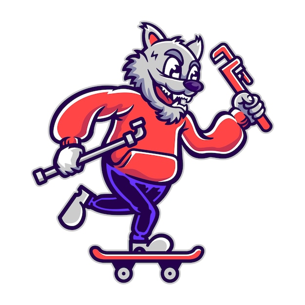 Illustratie van skate wolf met pijp en moersleutel
