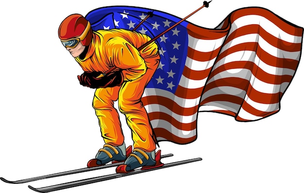 Illustratie van skiën man met amerikaanse vlag