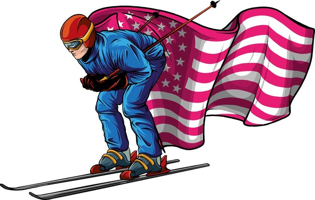 Vector illustratie van skiën man met amerikaanse vlag