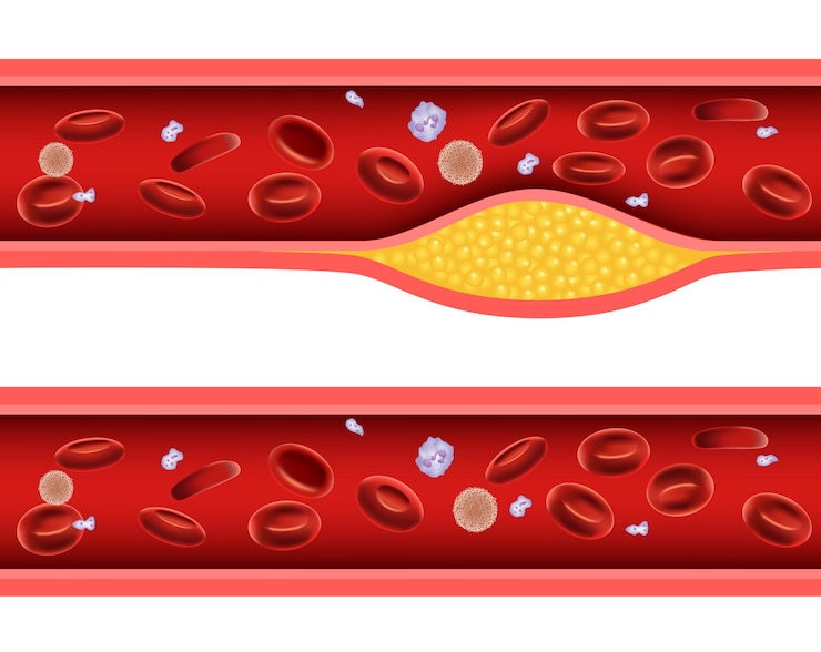 Vector illustratie van slagader geblokkeerd met slechte cholesterol anatomie