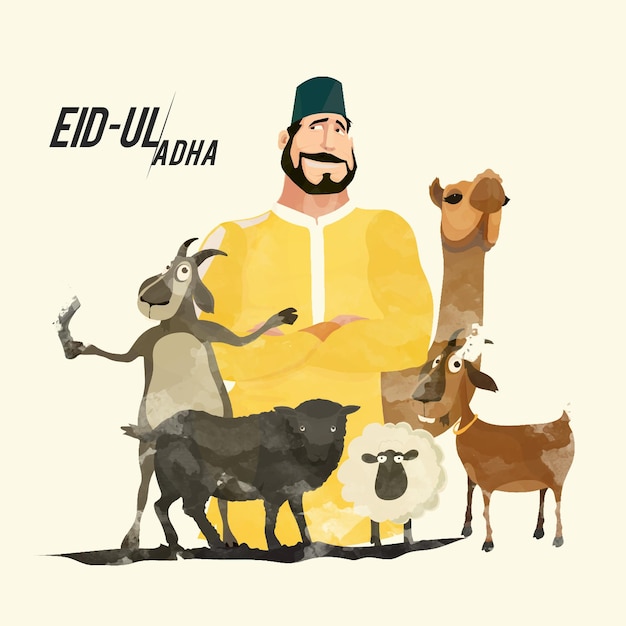 Vector illustratie van slager met dieren voor de moslimgemeenschap feest van het offer eiduladha viering