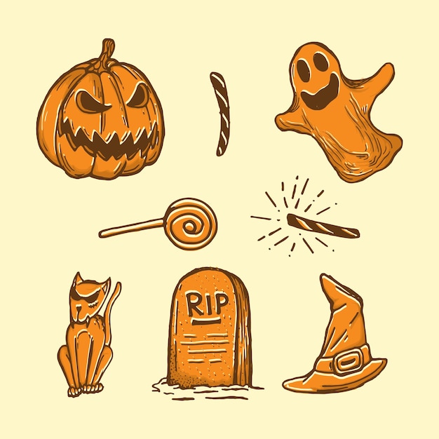 Illustratie van spook, pompoen, grafsteen, kat en snoep halloween ornament