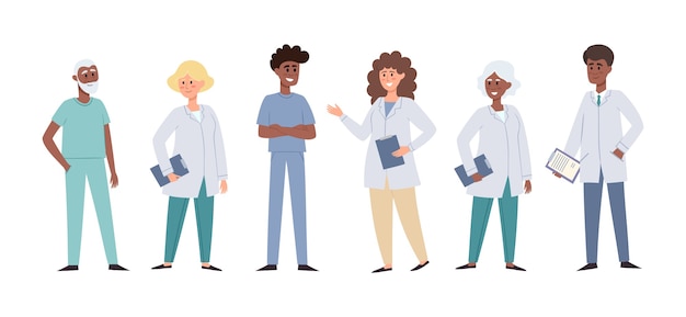 illustratie van staande Europese, Afrikaanse artsen en verpleegsters geïsoleerd op wit, medisch team concept