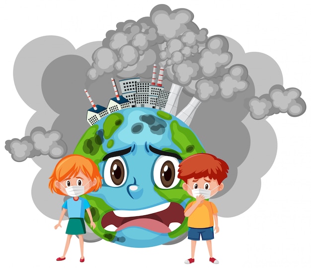 Illustratie van stop vervuiling met kinderen en droevige wereld