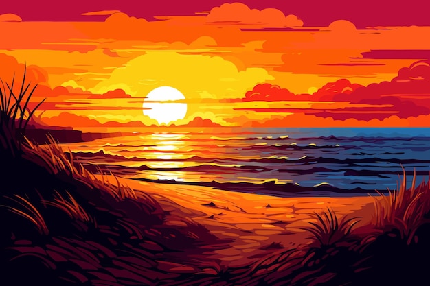 Vector illustratie van strand bij zonsondergang