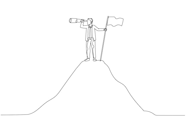 Illustratie van succes zakenman houdt verrekijker stand naast vlag op berg concept van kans Enkele lijn kunststijl