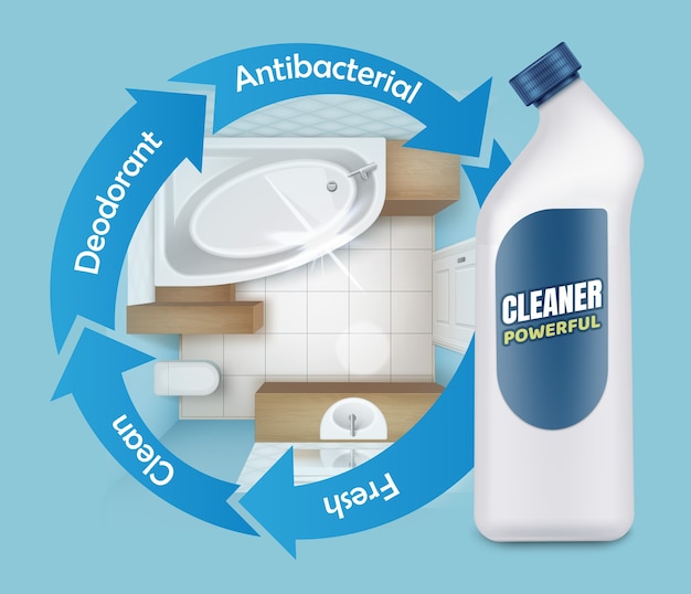 Illustratie van tegel schimmel schonere advertenties, krachtig wasmiddel product, bovenaanzicht van badkamer met witte plastic fles op blauwe achtergrond