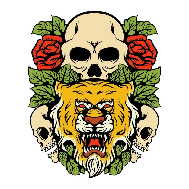 Vector illustratie van tiger skull en rose