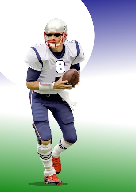 Illustratie van Tom Brady die met de voetbal loopt tijdens een voetbalwedstrijd