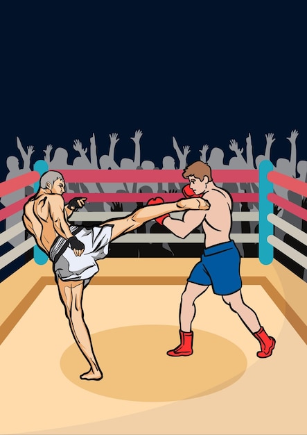 Illustratie van twee Free Kick Boxer vechters met Muaythai boksen in de arena