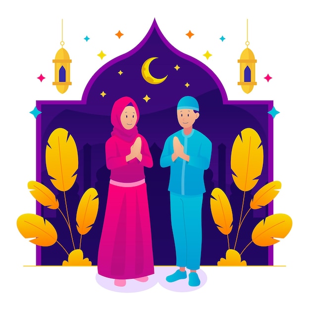 Illustratie van twee mensen die Isra Miraj vieren