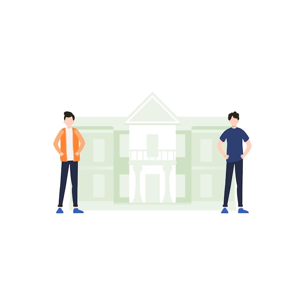 Vector illustratie van twee mensen die voor een gebouw staan