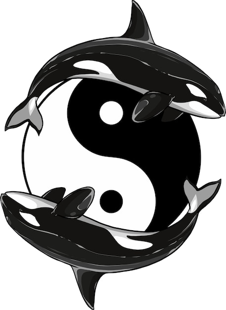 Illustratie van twee orka's rond het yin yang symbool