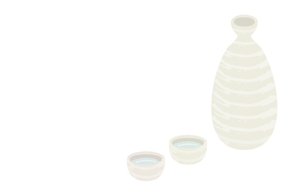 Illustratie van twee sake-bekers en sake-flessen met sake