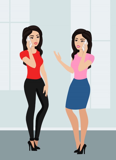 Illustratie van twee schattige cartoon meisjes met behulp van een mobiele telefoon. vrouwen praten via de mobiele telefoon in vlakke stijl.
