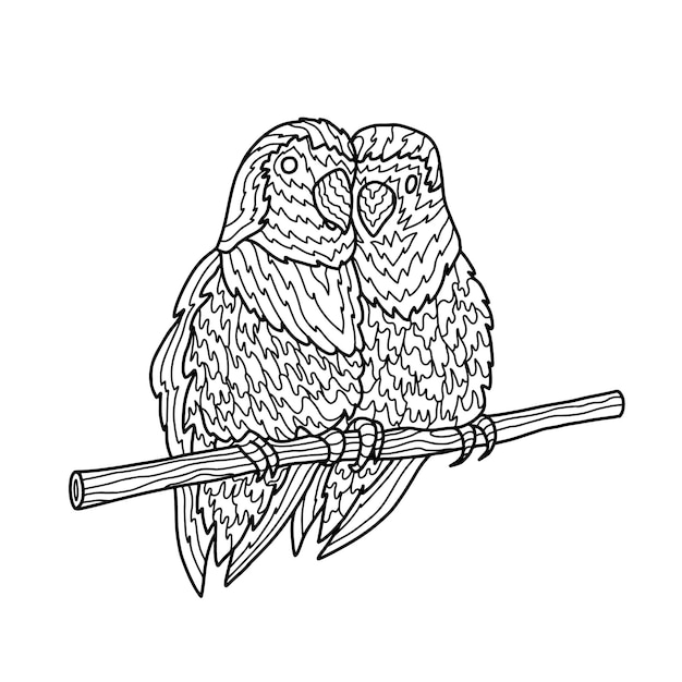 Illustratie van twee tortelduifjes op tak. Doodle van zen-wirwar dieren. Antistress kleurplaat.