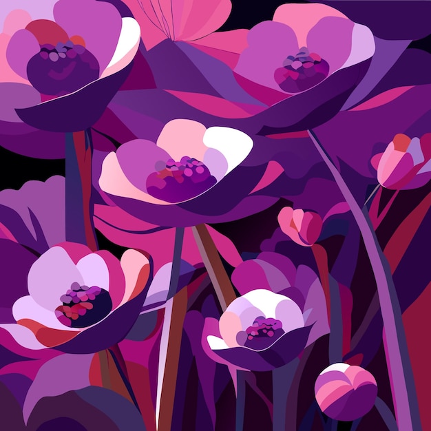 Vector illustratie van vele paarse roze bloemen met lange stengels vector