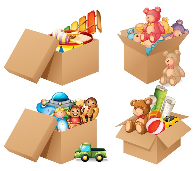 Illustratie van vier verschillende doos speelgoed