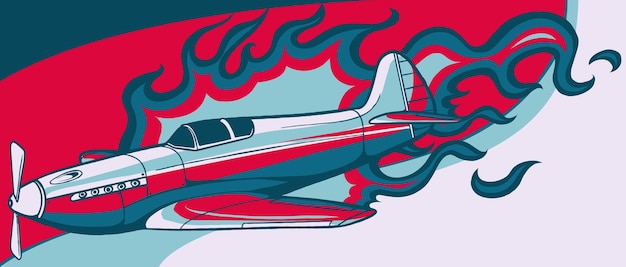 Vector illustratie van vintage vliegtuig met vlammen