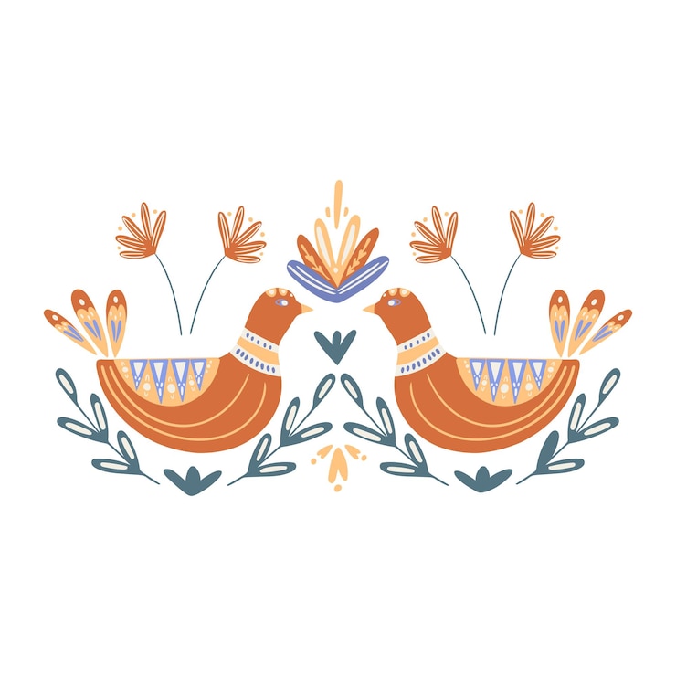 Vector illustratie van vogels in volksstijl met ornamenten en bloemen stilering van volkskunst