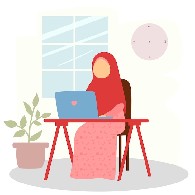 illustratie van vrouw in hijab op het werk met behulp van laptop