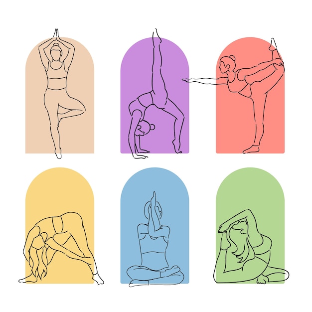 Illustratie van vrouw praktijk yoga hand getekende minimalistische moderne vector kleurrijke overzichtsstijl