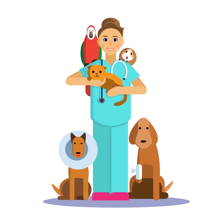 Vector illustratie van vrouwelijke dierenarts met schattige huisdier, hond, kat, cavia en papegaai.