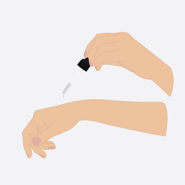 Illustratie van vrouwenhanden met serumpipet Er druipt een druppel vloeistof uit een pipet
