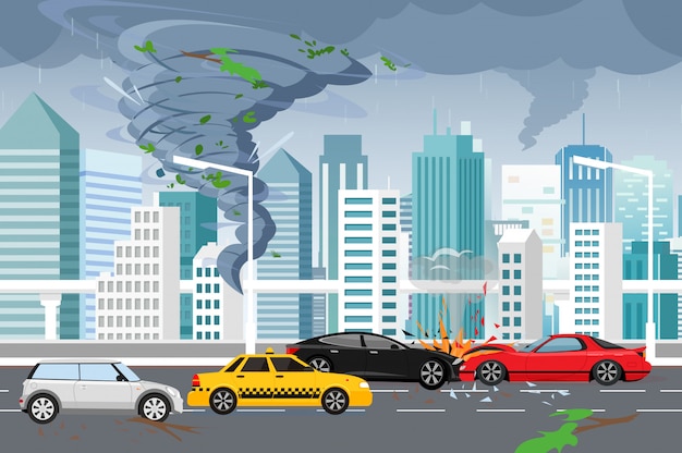 Illustratie van wervelende tornado en overstroming, onweer in grote moderne stad met wolkenkrabbers. orkaan in de stad, auto-ongeluk, gevaar concept in vlakke stijl.