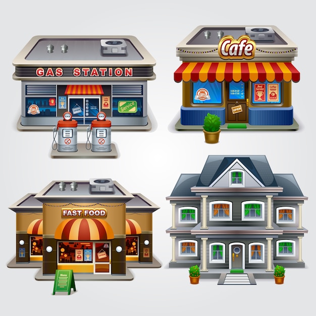 Vector illustratie van winkel tankstation café fastfood en huis