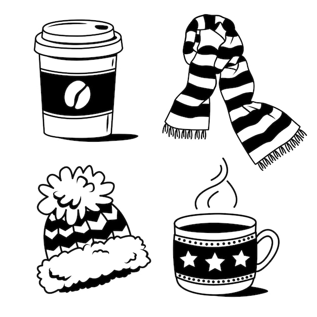 Illustratie van winterkleding en dranken in de stijl van een doodle in vectorformaat geschikt voor drukken en ontwerpen De set bevat koffie een sjaal thee en een hoed