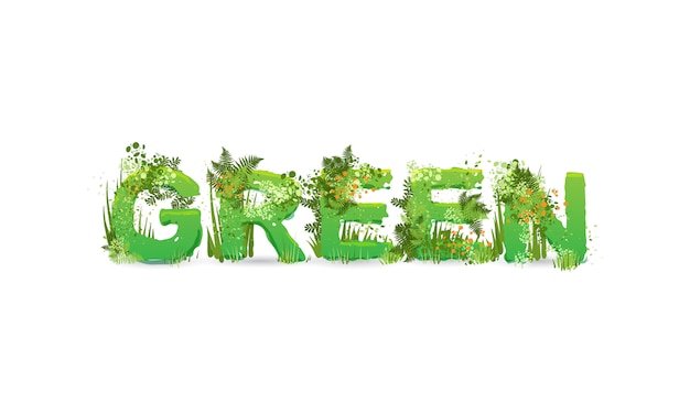 Illustratie van woord groen met hoofdletters gestileerd als een regenwoud, met groene takken, bladeren, gras en struiken ernaast. Ecologie milieu lettertype, eco zorg letters