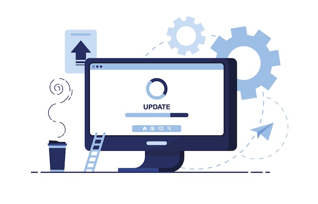 illustratie van zakelijke marketing. Werkplek thuis, op kantoor. Computer, pc. Update, download, verbeteringen. Schermpagina. Instellingen, software. Blauw