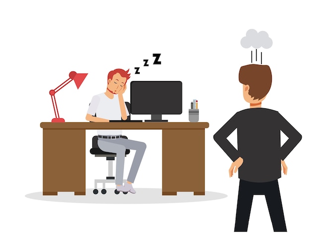 Illustratie van zakenman verslappen, een dutje doen. werknemer slapen op het bureau op kantoor. manager is boos toen hij dat zag. bedrijfsconcept