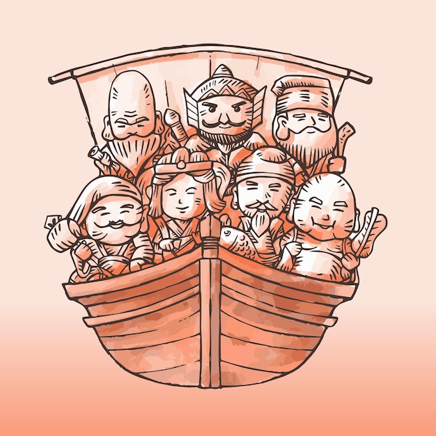 Vector illustratie van zeven gelukkige god in schip door water kleur stijl vector