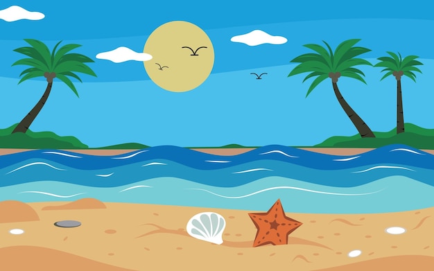 Vector illustratie van zomer strand achtergrond met schelpen en zeesterren