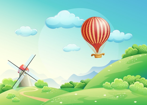 Illustratie van zomervelden met een molen en een ballon in de lucht