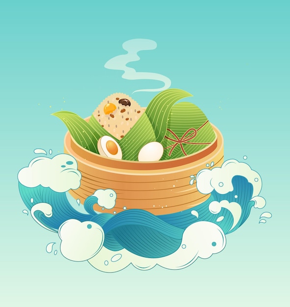 Illustratie van Zongzi en lotusbladeren