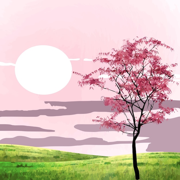 illustratie van zonsondergang en kersenbomen