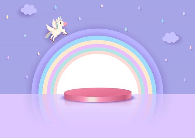 Illustratie vector 3d-stijl van eenhoorn en regenboog met podium staat op paarse regent hemelachtergrond.