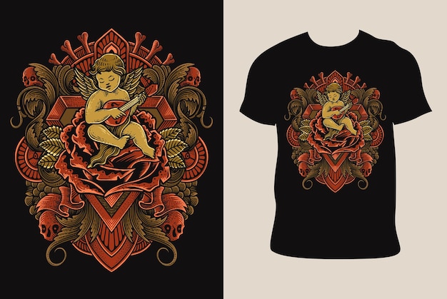 Illustratie vector cupido engel die gitaar speelt zittend op roos met ornament op T-shirt ontwerp