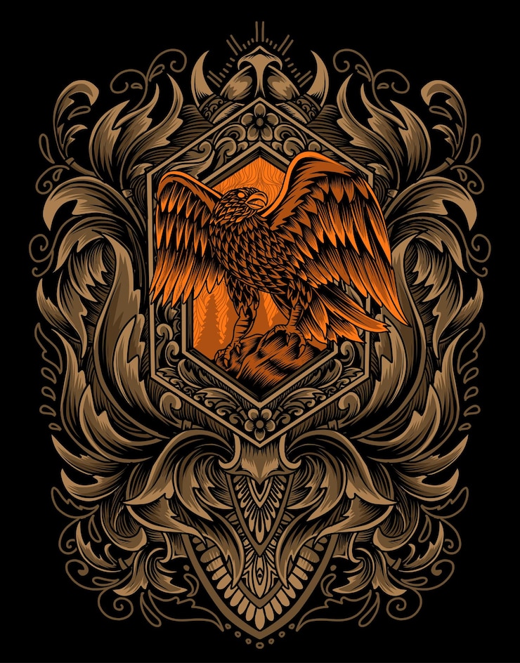 Illustratie vector Eagle vogel met vintage gravure ornament.