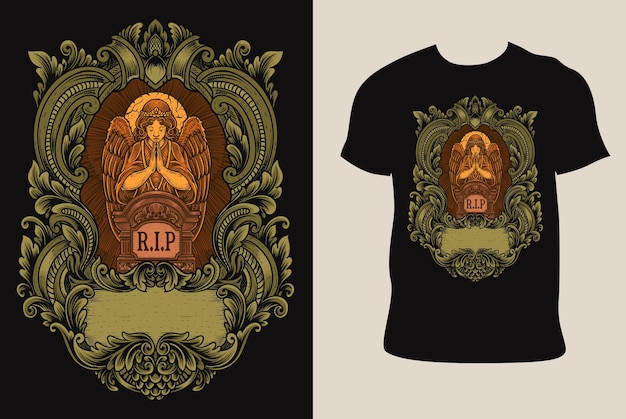 Illustratie vector engelen bidden bij de grafsteen op T-shirt mockup