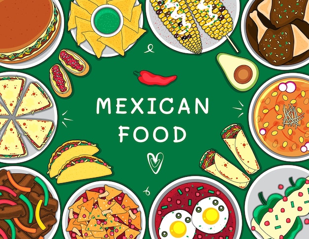 Illustratie vector geïsoleerd Mexicaans eten bovenaanzicht op tafel lijn doodle
