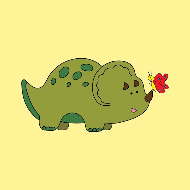 illustratie vector grafische stijl grappig schattig groene triceratops dinosaurus met kleine vlinder
