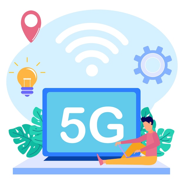 Vector illustratie vector grafische stripfiguur van 5g-netwerk