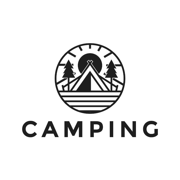 Illustratie vector grafische tent camping logo ontwerp minimalistisch met cirkel en zon