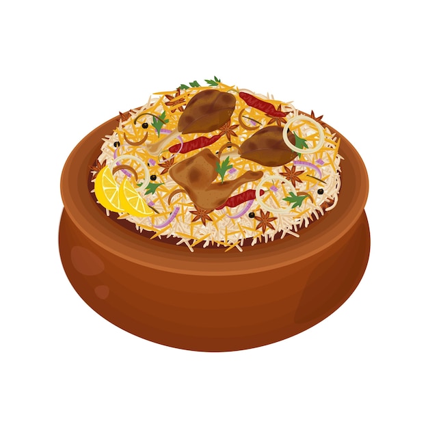 Illustratie Vector logo Clipart Traditioneel Indiase voedsel Kip Biryani of Biryani Rijst